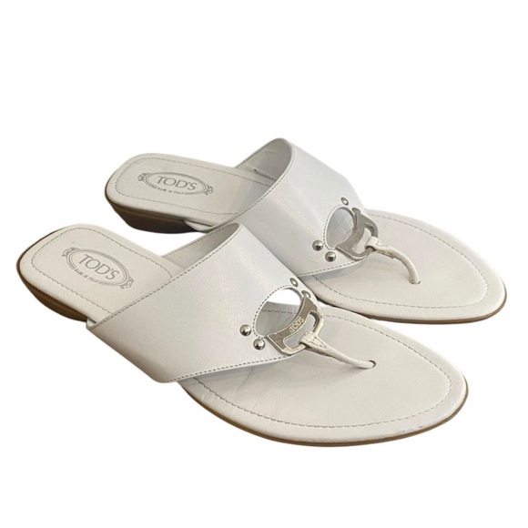 Tod’s Womens White Leather Thong Sandals Size 7.5 Summer Luxury Beach Vacation - Picture 4 of 10
